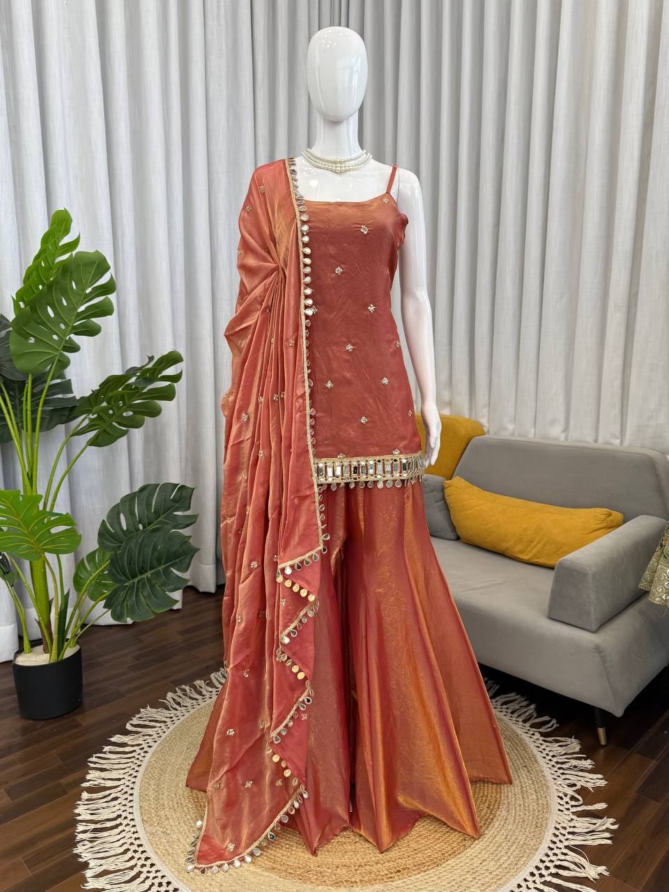 Designer Mirror Work Kurta Palazzo Set for Women – Fendy Silk Party Wear Suit with Dupatta | Wedding, Sangeet