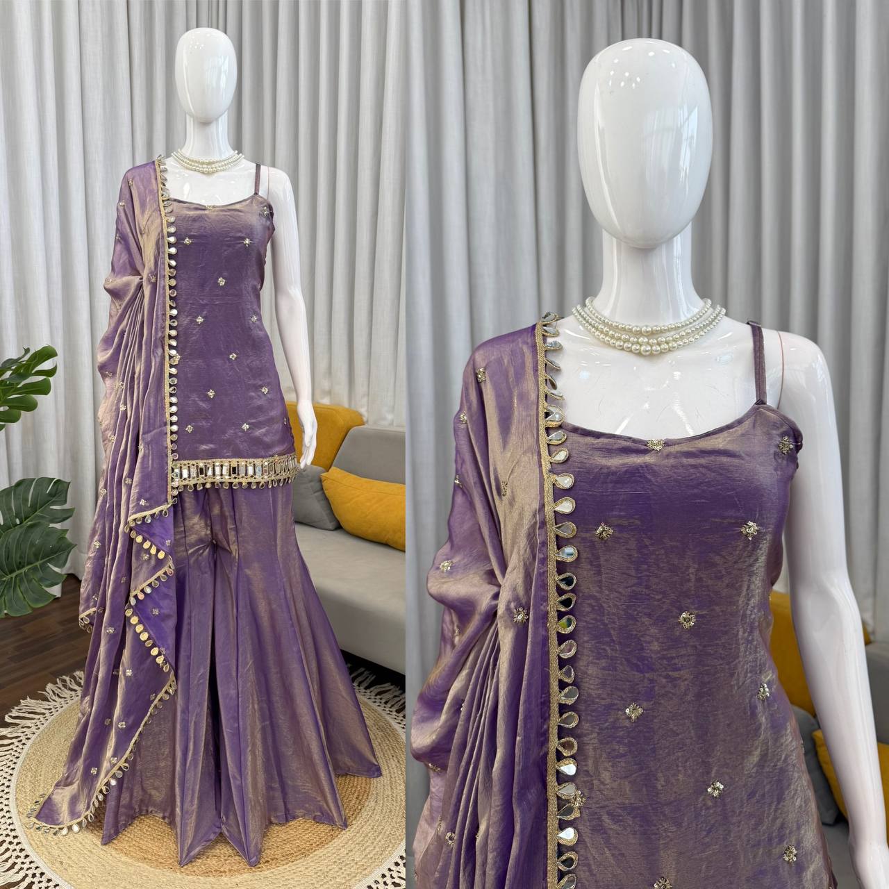 Designer Mirror Work Kurta Palazzo Set for Women – Fendy Silk Party Wear Suit with Dupatta | Wedding, Sangeet